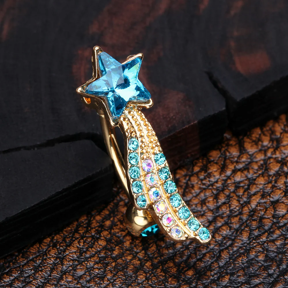 Golden Shooting Star Sparkle Reverse Belly Button Ring - Image 3
