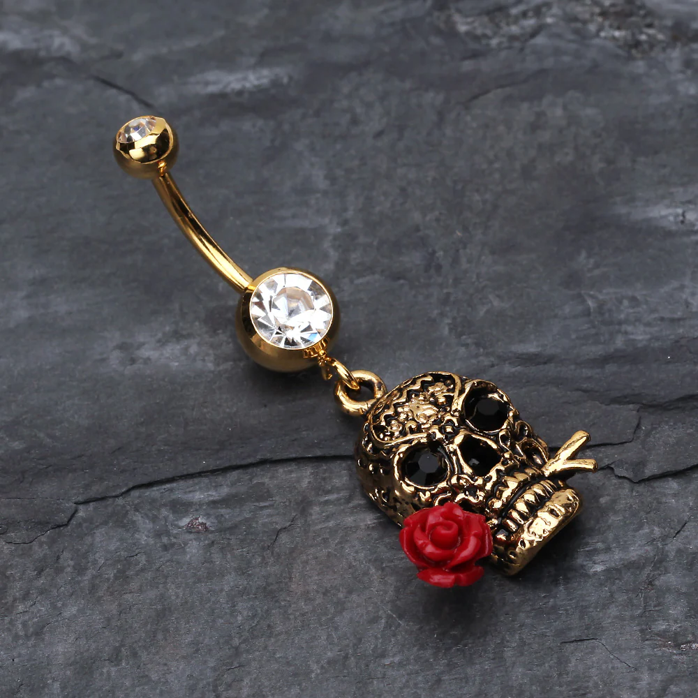 Golden Skull Rose Belly Ring - Image 3