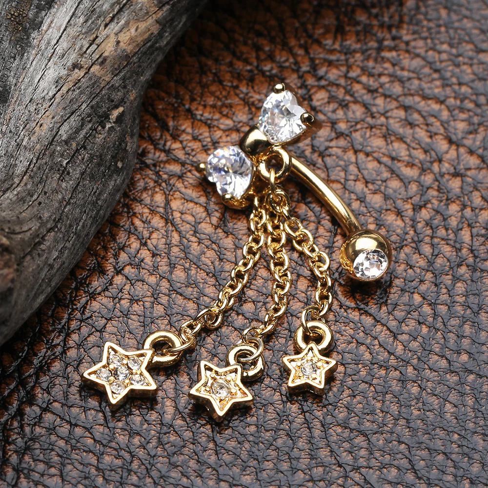 Golden Sparkle Bow-Tie Star Dangle Reverse Belly Button Ring - Image 3