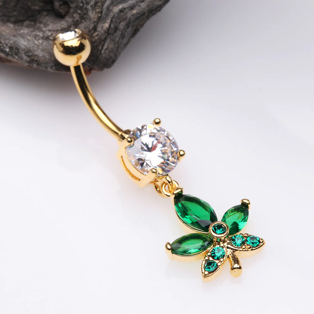 Golden Sparkle Cannabis Leaf Belly Button Ring - Image 3