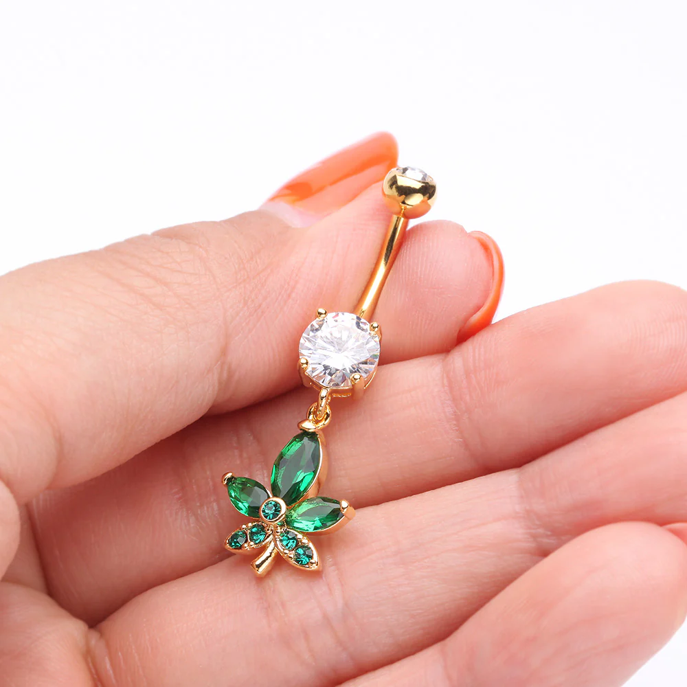 Golden Sparkle Cannabis Leaf Belly Button Ring - Image 4