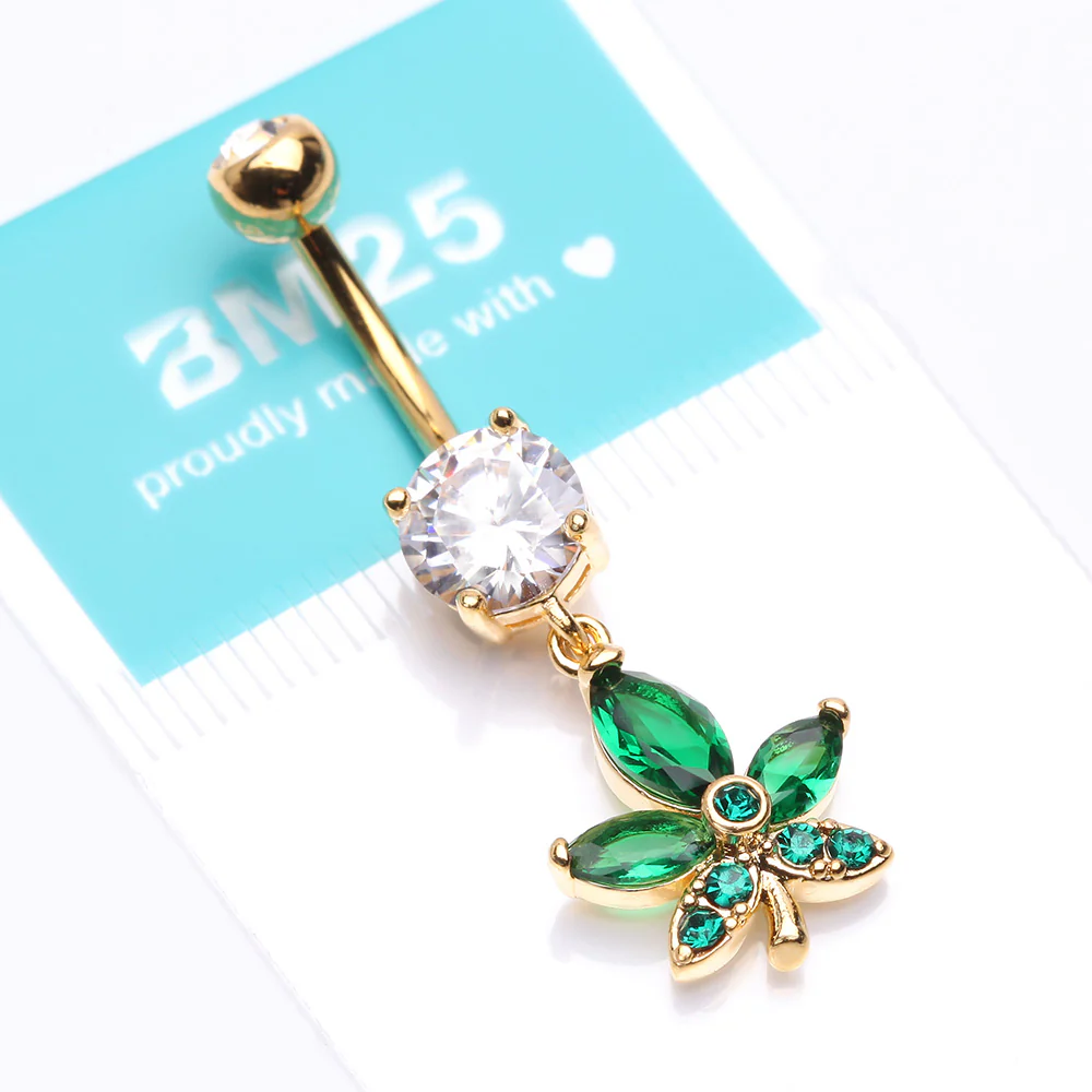Golden Sparkle Cannabis Leaf Belly Button Ring - Image 5