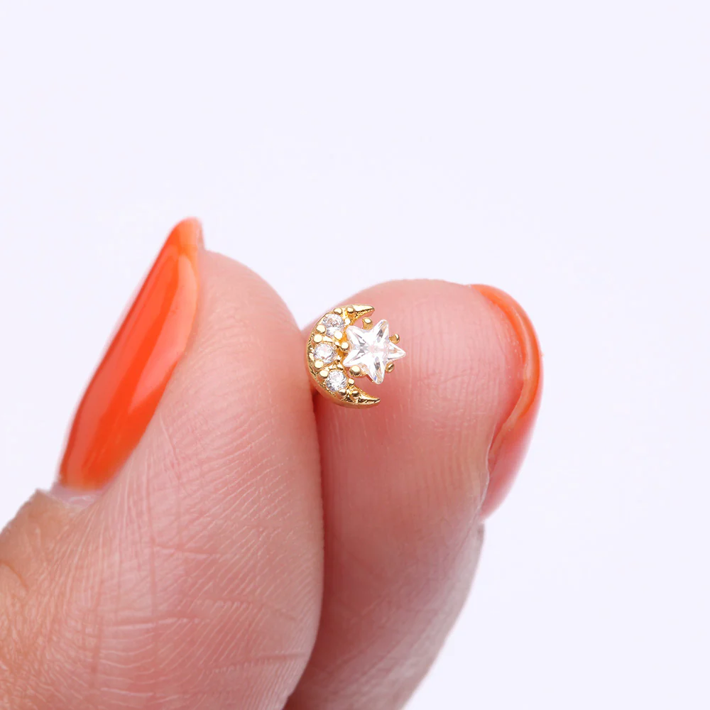 Golden Sparkle Crescent Moon and Star Nose Stud Ring - Image 3