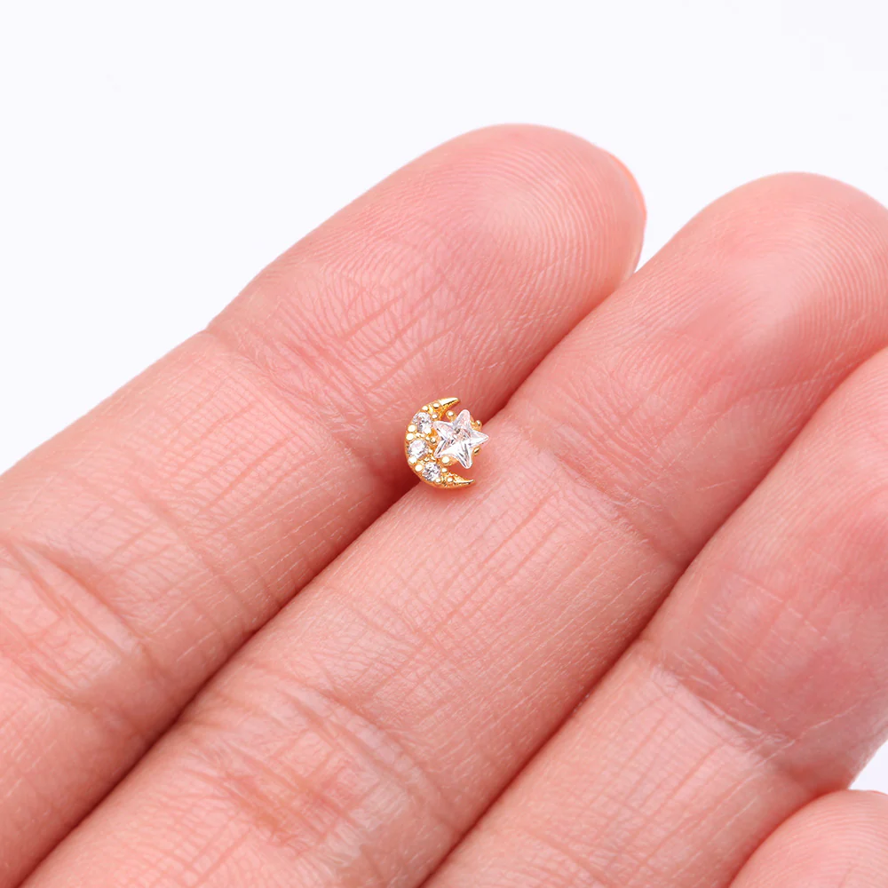 Golden Sparkle Crescent Moon and Star Nose Stud Ring - Image 4