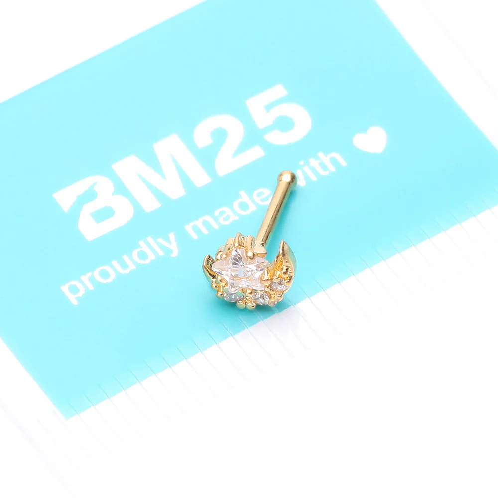 Golden Sparkle Crescent Moon and Star Nose Stud Ring - Image 5