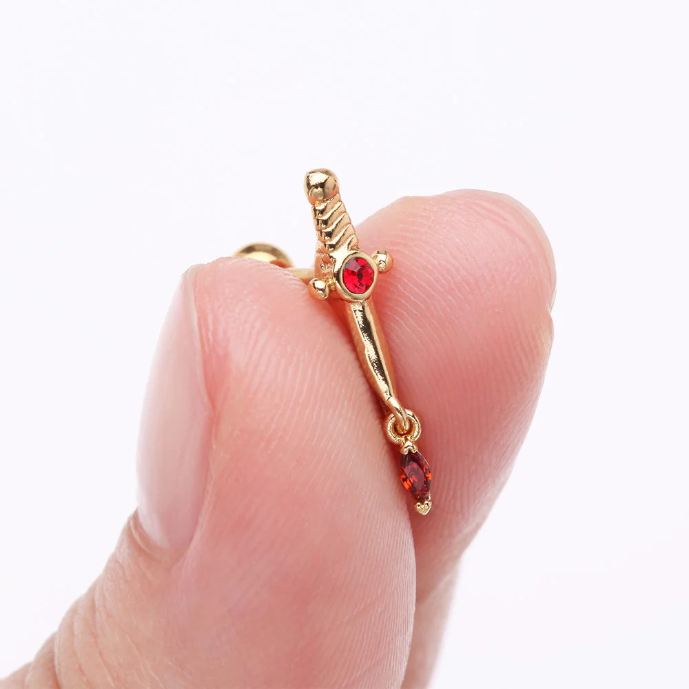 Golden Sparkle Dagger Dangle Cartilage Tragus Barbell Stud Earring - Image 3