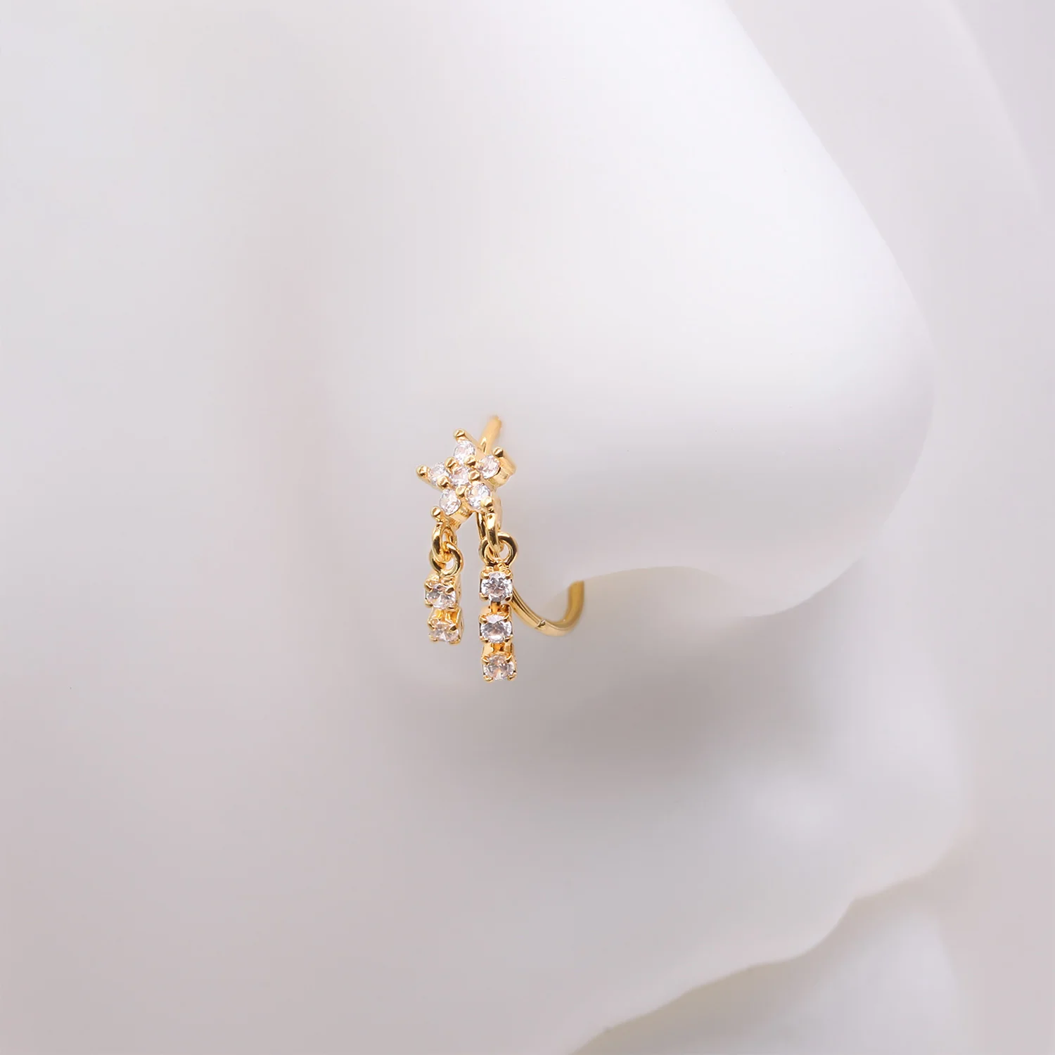 Golden Sparkle Flower Dangle Gem Drop Bendable Hoop Ring - Image 2