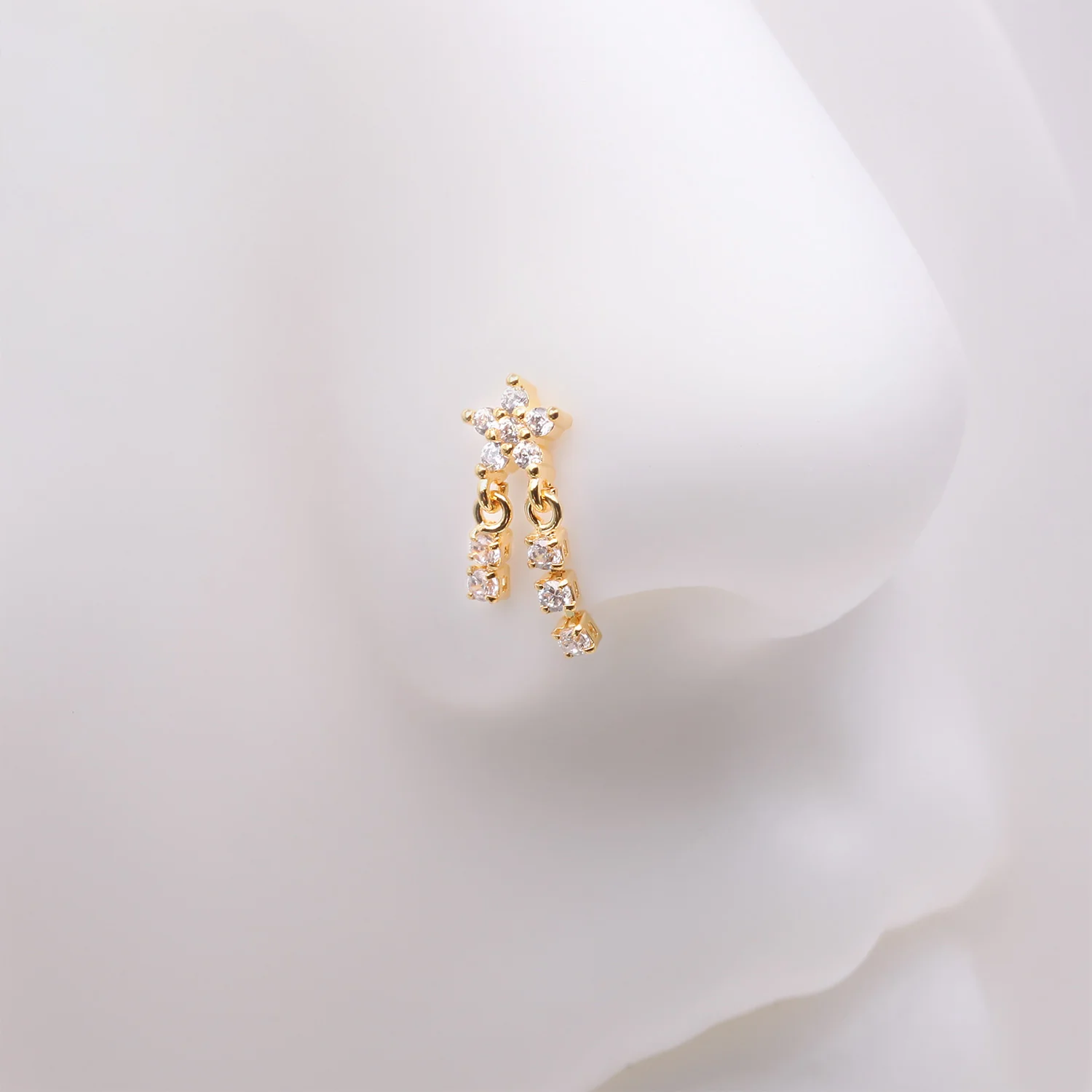 Golden Sparkle Flower Dangle Gem Drop Nose Stud Ring - Image 2