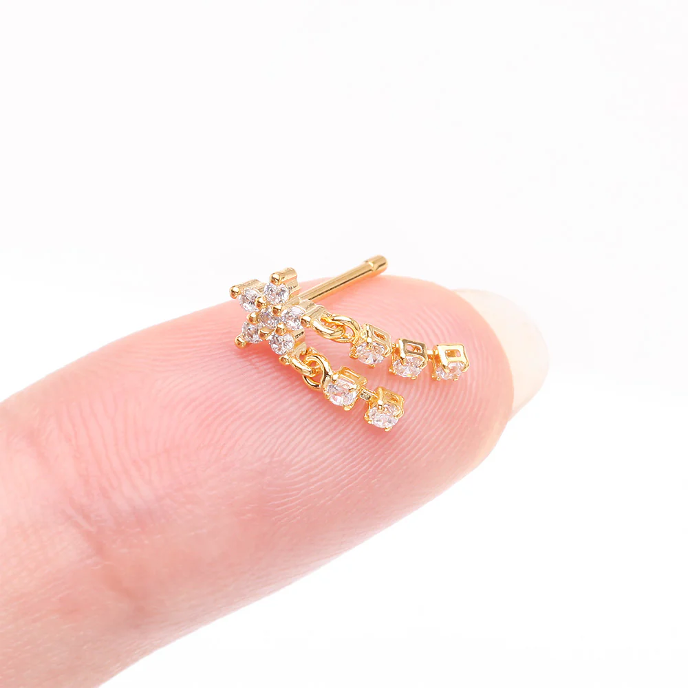 Golden Sparkle Flower Dangle Gem Drop Nose Stud Ring - Image 3