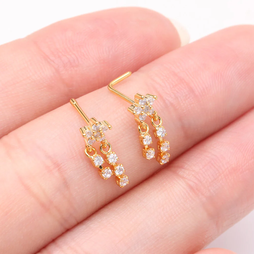 Golden Sparkle Flower Dangle Gem Drop Nose Stud Ring - Image 4
