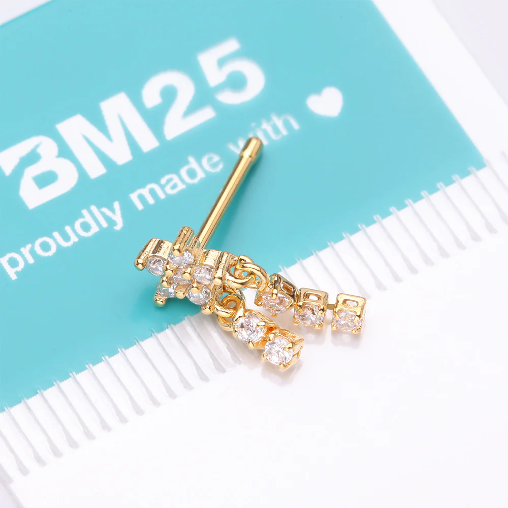 Golden Sparkle Flower Dangle Gem Drop Nose Stud Ring - Image 5