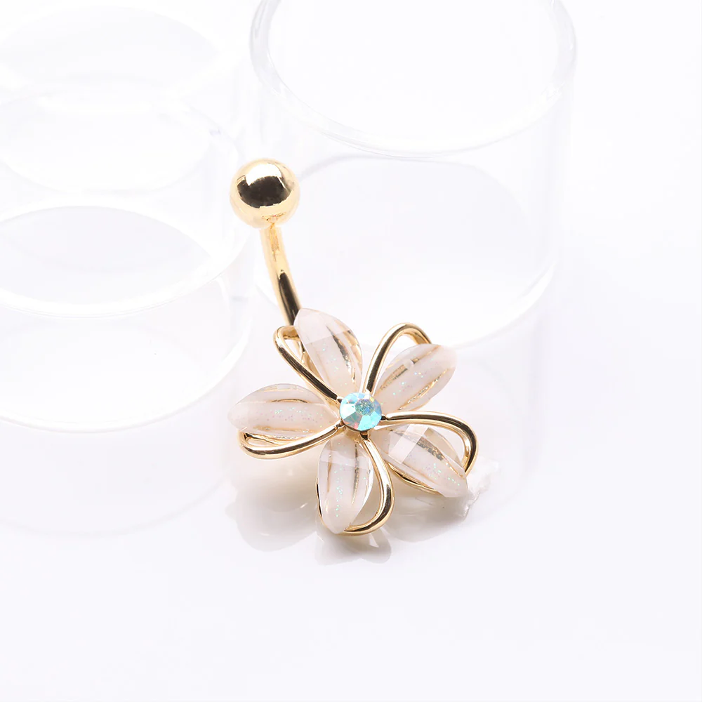 Golden Sparkle Frosted Flower Shimmer Belly Button Ring - Image 3