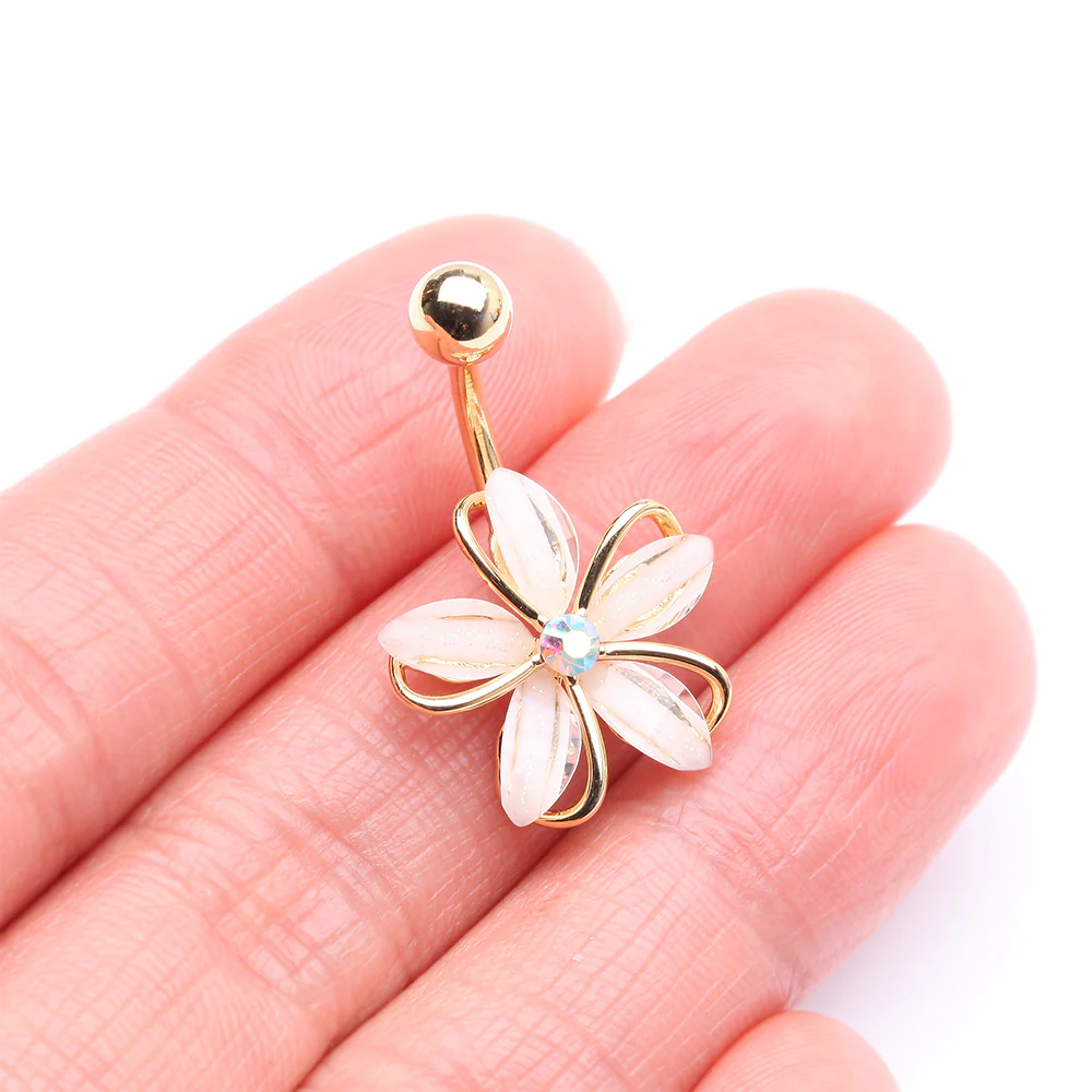 Golden Sparkle Frosted Flower Shimmer Belly Button Ring - Image 4