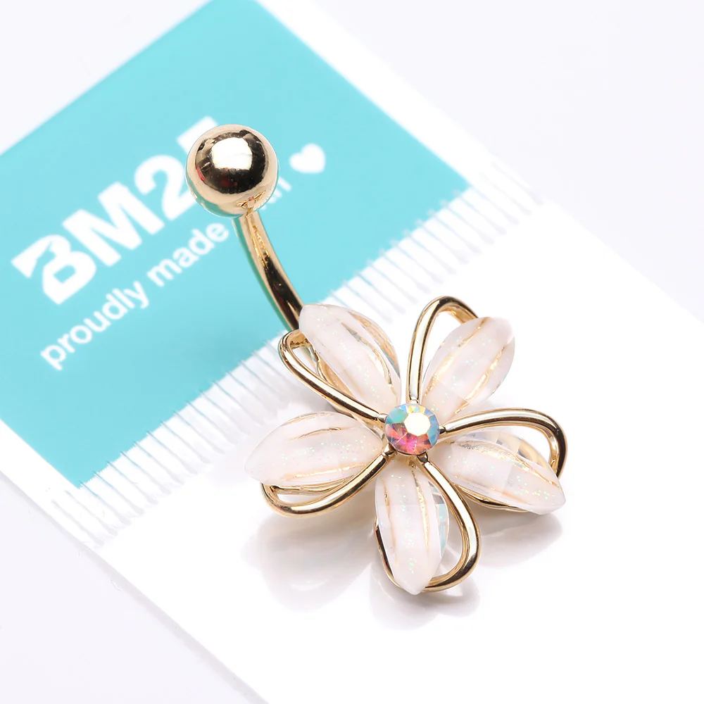 Golden Sparkle Frosted Flower Shimmer Belly Button Ring - Image 5