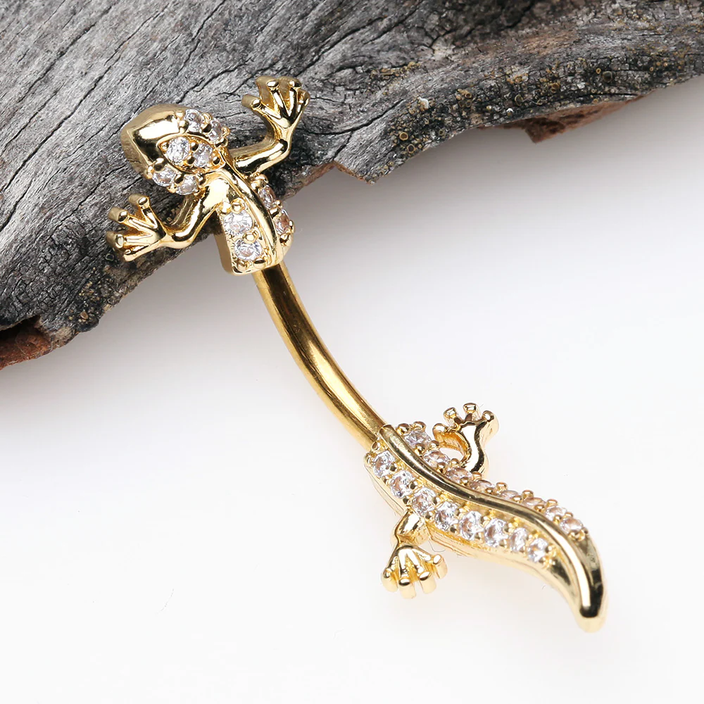 Golden Sparkle Gecko Lizard Belly Button Ring - Image 3