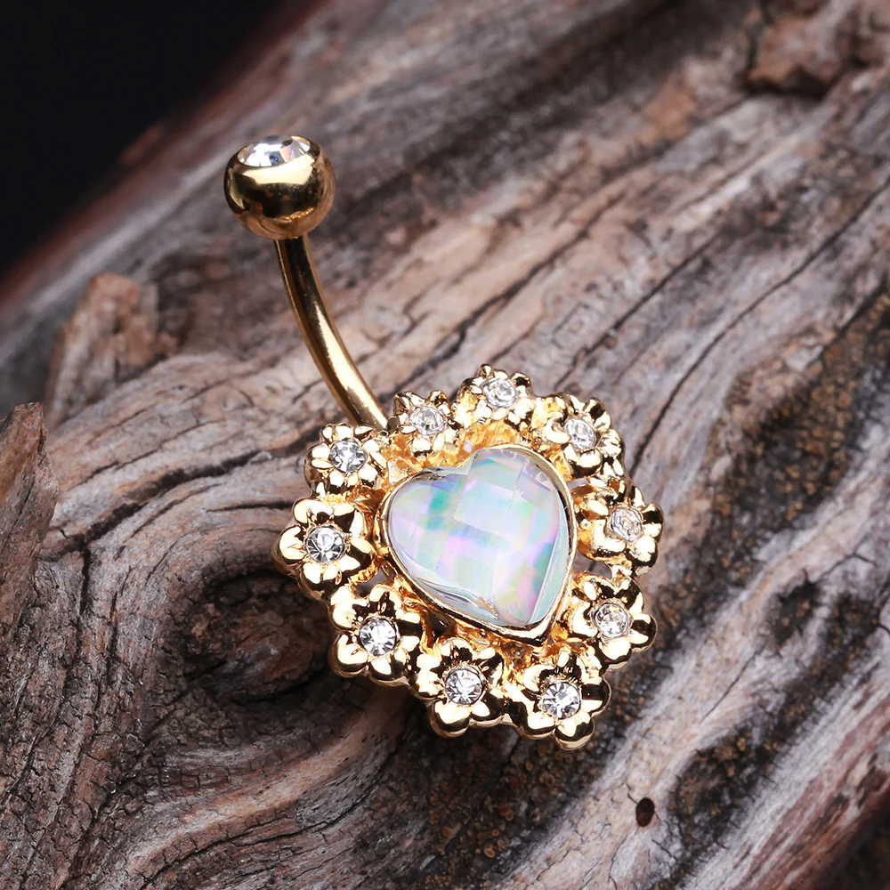 Golden Sparkle Heart Flower Belly Button Ring - Image 3