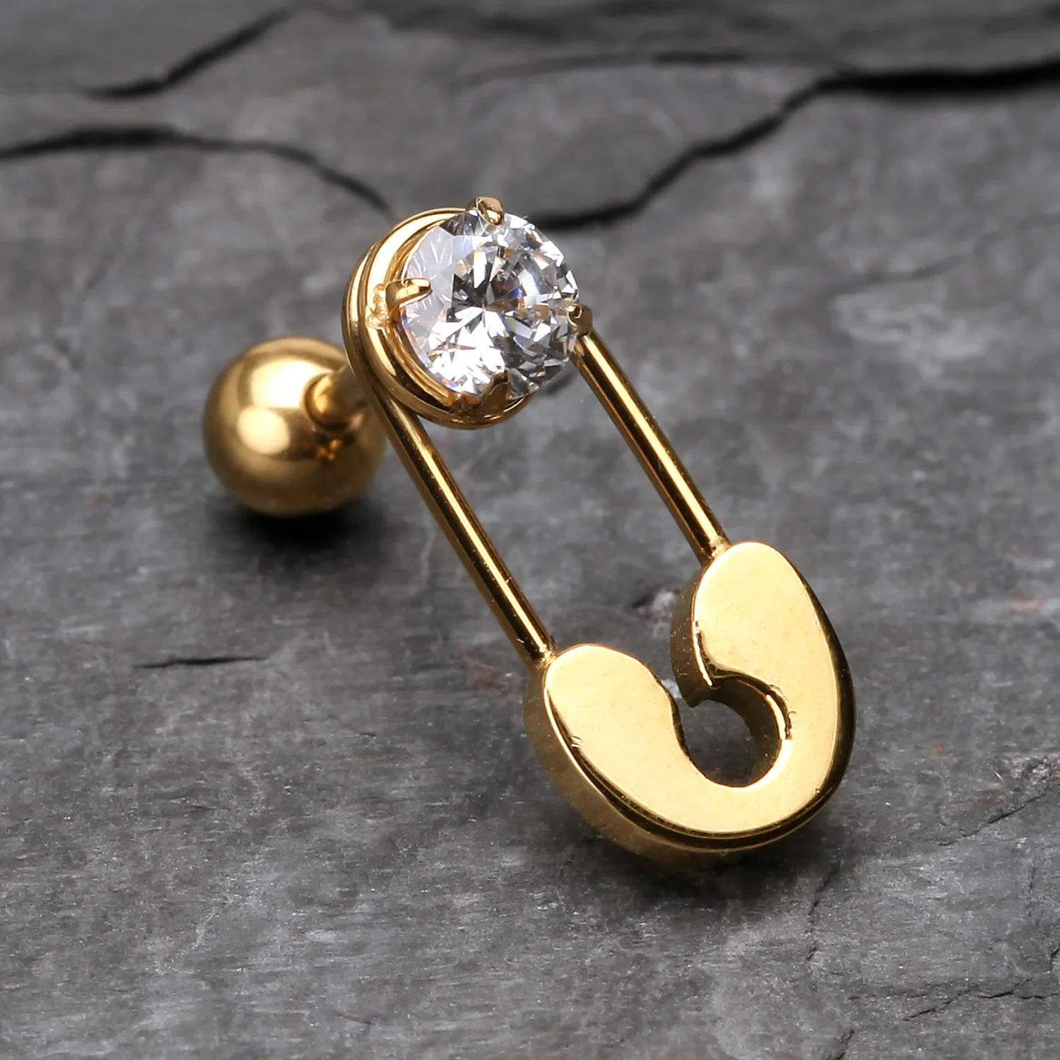 Golden Sparkle Safety Pin Cartilage Tragus Barbell - Image 2