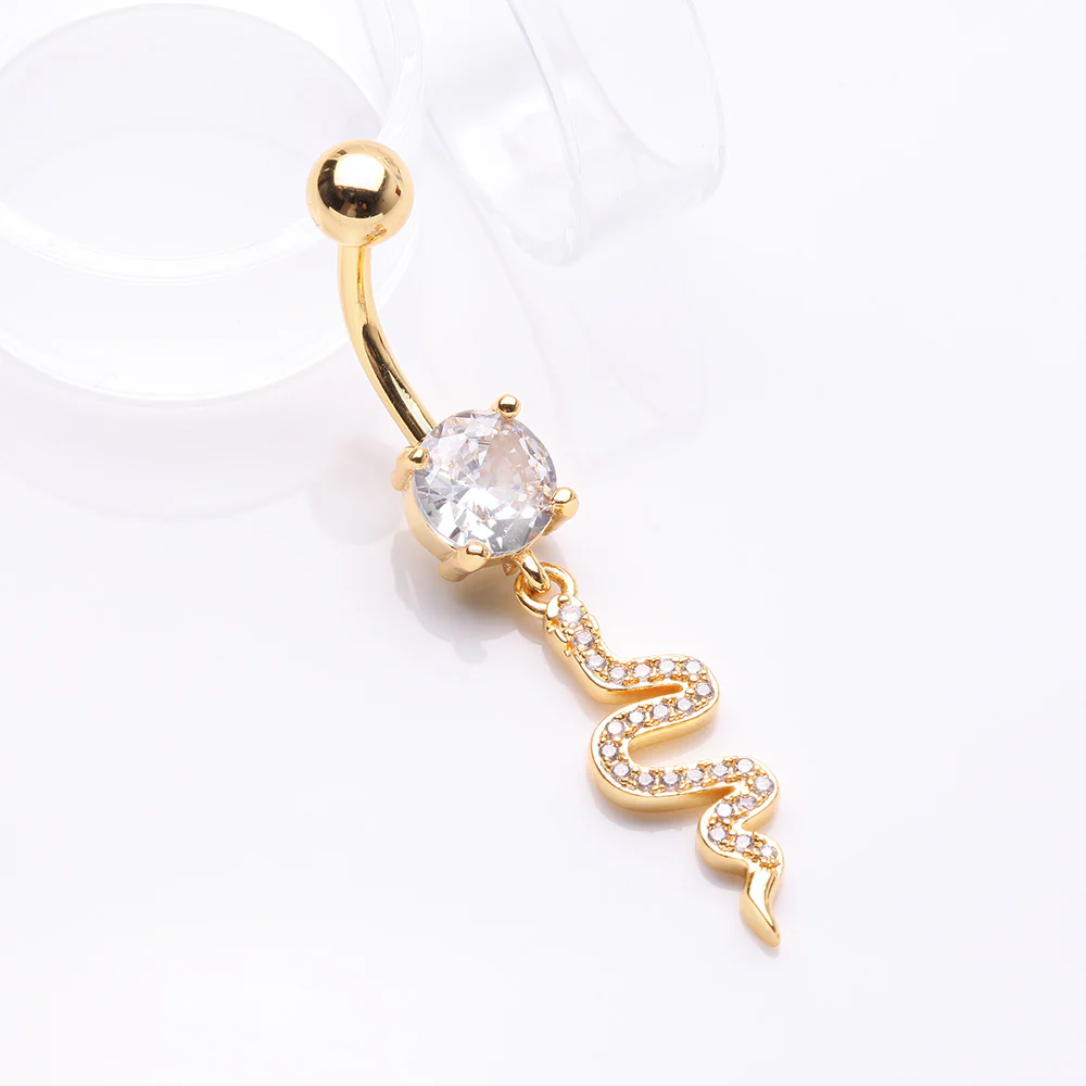 Golden Sparkle Snake Swiggly Dangle Belly Button Ring - Image 3