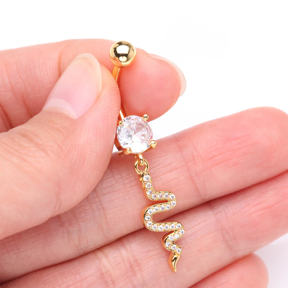 Golden Sparkle Snake Swiggly Dangle Belly Button Ring - Image 4