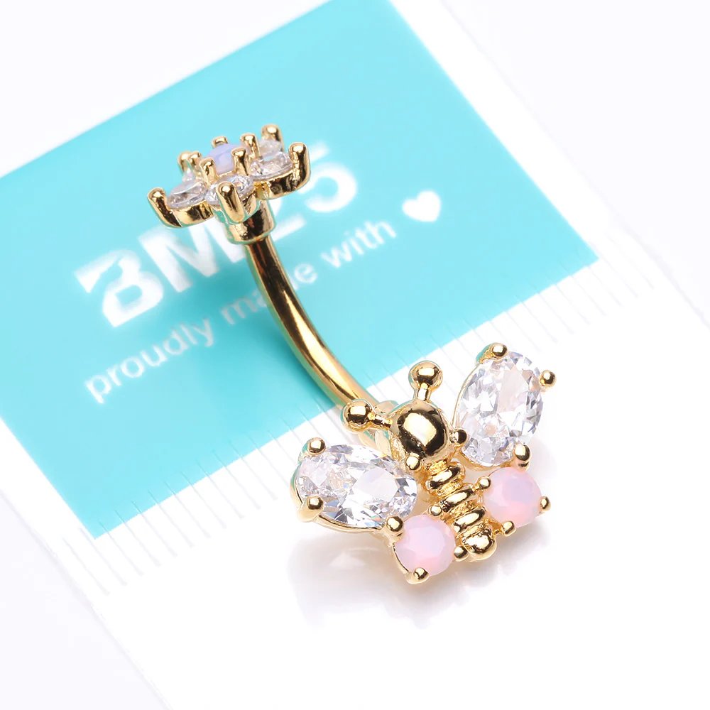 Golden Spring Essence Butterfly Flower Sparkle Belly Button Ring - Image 5