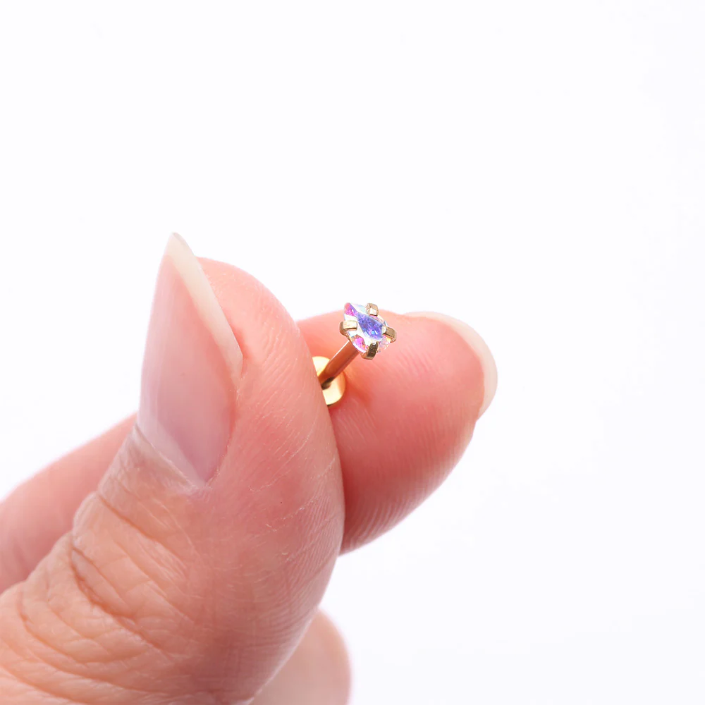 Golden Teardrop Prong Set Sparkle Top Internally Threaded Labret Flat Back Stud - Image 3
