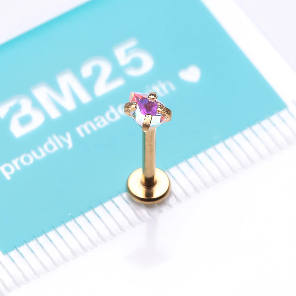 Golden Teardrop Prong Set Sparkle Top Internally Threaded Labret Flat Back Stud - Image 4