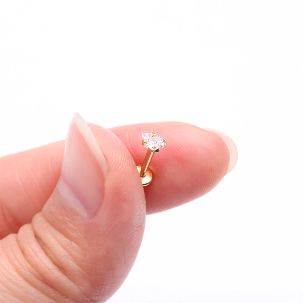 Golden Teardrop Prong Set Sparkle Top Internally Threaded Labret Flat Back Stud - Image 3
