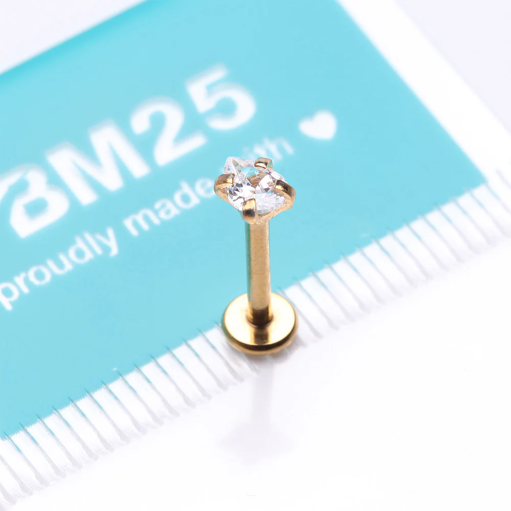 Golden Teardrop Prong Set Sparkle Top Internally Threaded Labret Flat Back Stud - Image 4