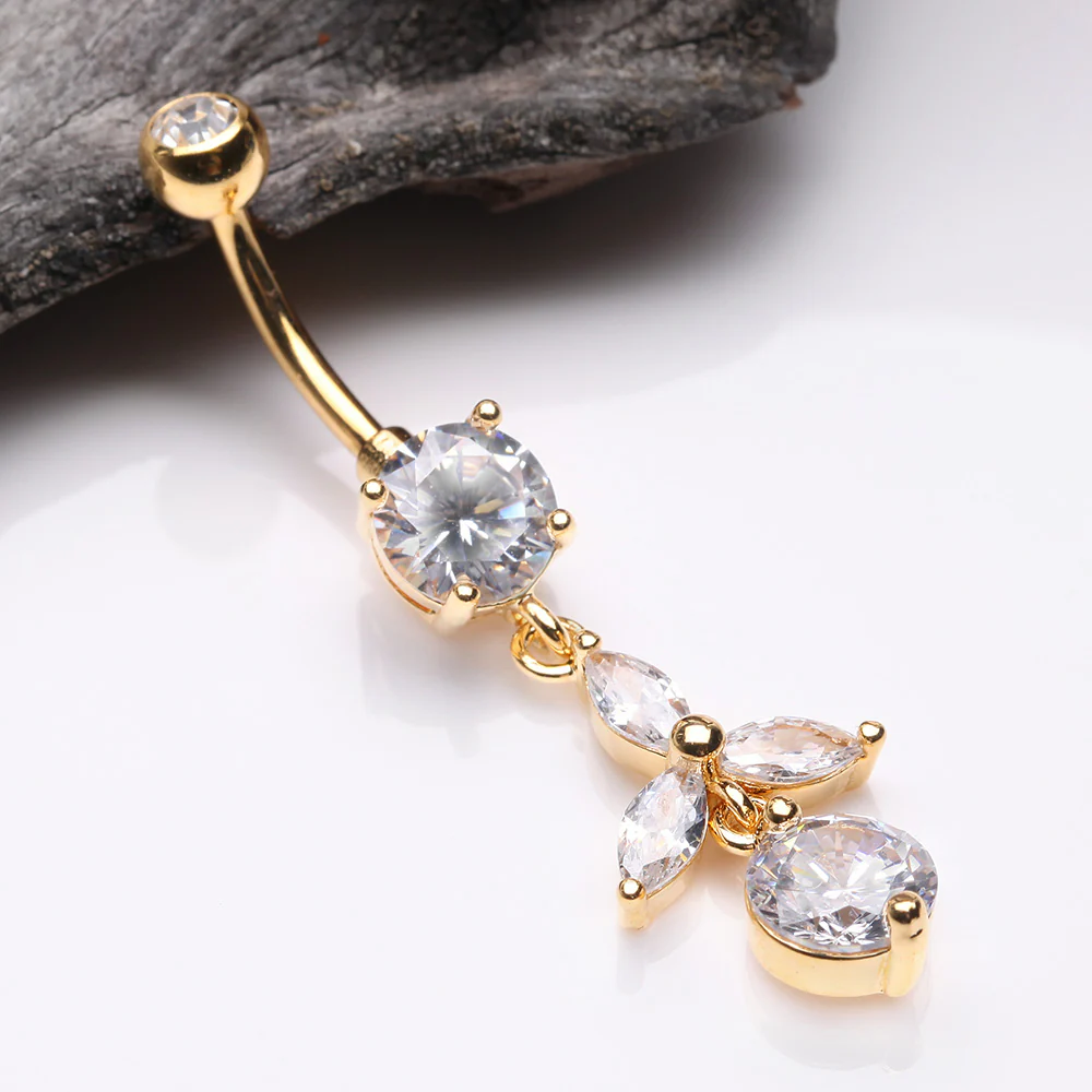 Golden Tri-Marquise Floral Leaf Sparkles Belly Button Ring - Image 3