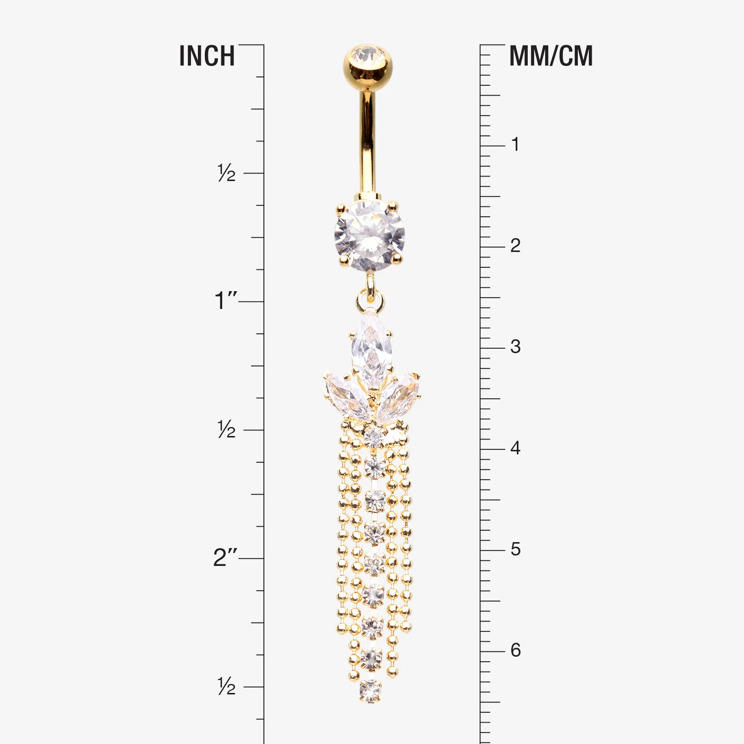 Golden Tri-Marquise Floral Leaf Sparkles Chain Drop Belly Button Ring - Image 2