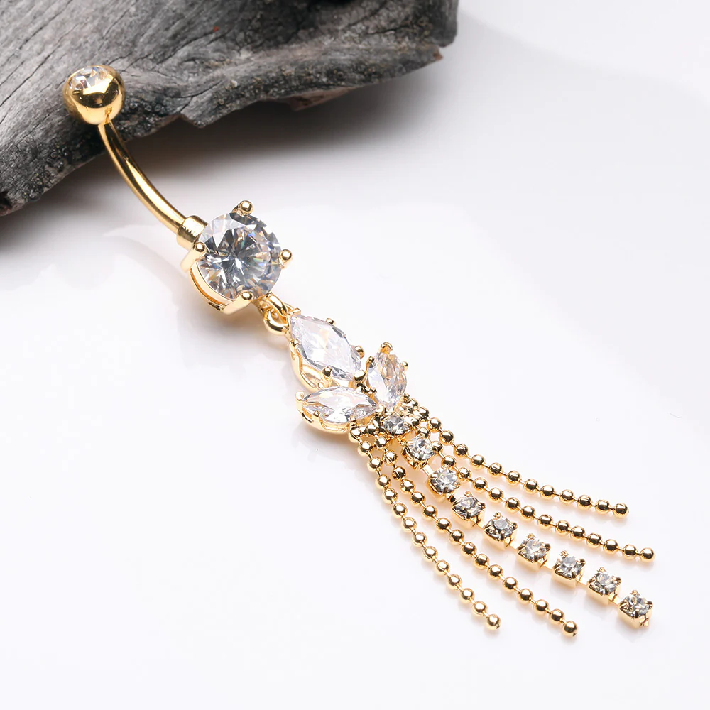 Golden Tri-Marquise Floral Leaf Sparkles Chain Drop Belly Button Ring - Image 3