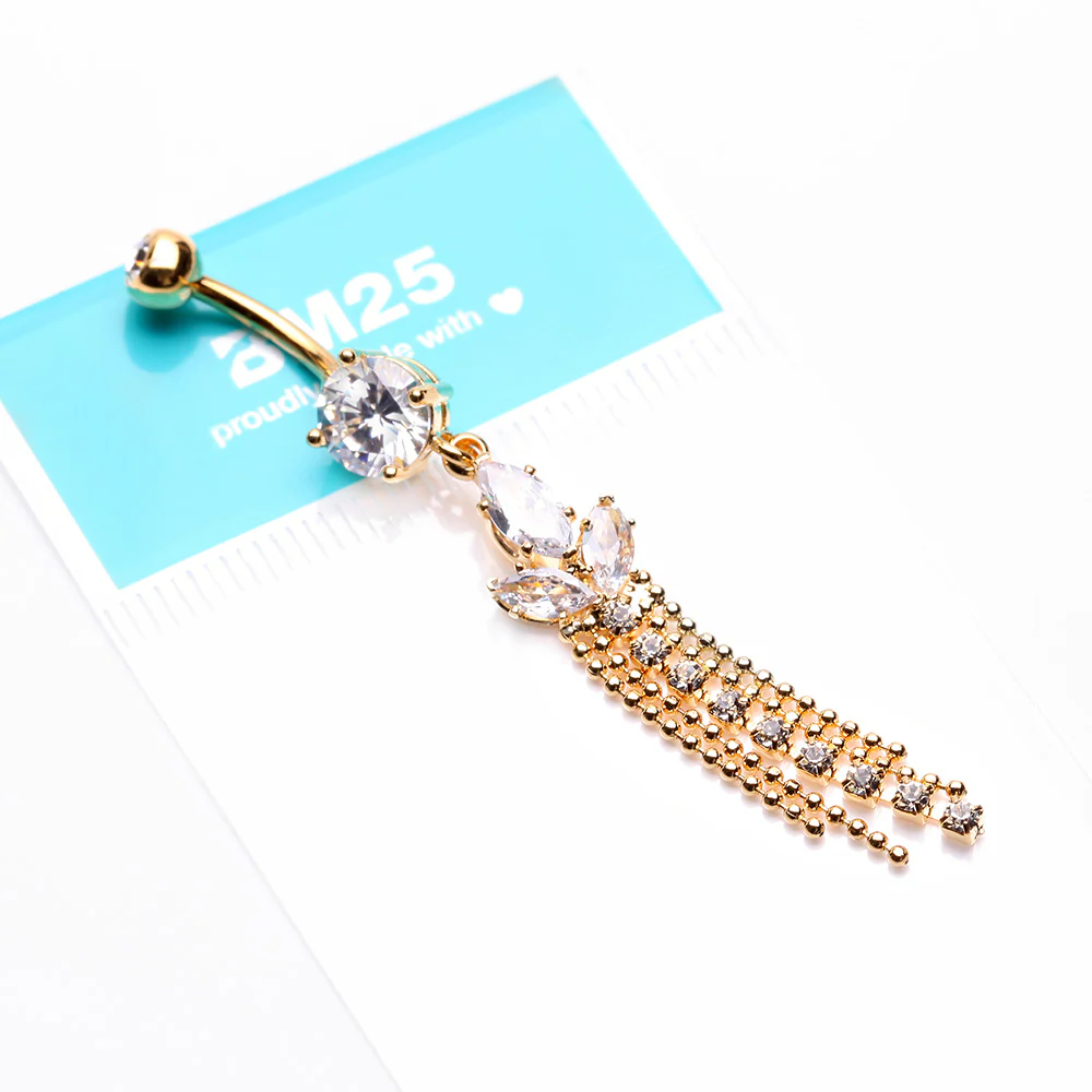 Golden Tri-Marquise Floral Leaf Sparkles Chain Drop Belly Button Ring - Image 4