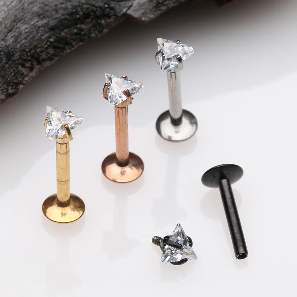 Golden Triangle Gem Sparkle Prong Set Top Internally Threaded Steel Labret - Image 3
