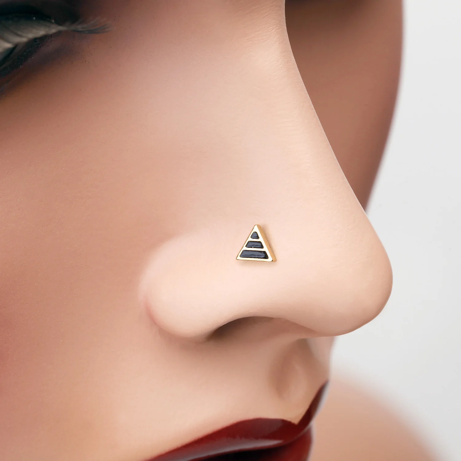 Golden Triple Black Stripe Triangle L-Shaped Nose Ring - Image 2