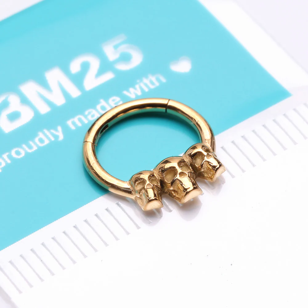 Golden Triple Death Skull Seamless Clicker Hoop Ring - Image 3
