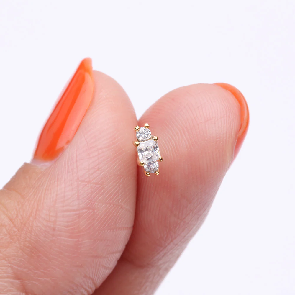 Golden Triple Tiered Sparkle Multi-Gem Nose Stud Ring - Image 4
