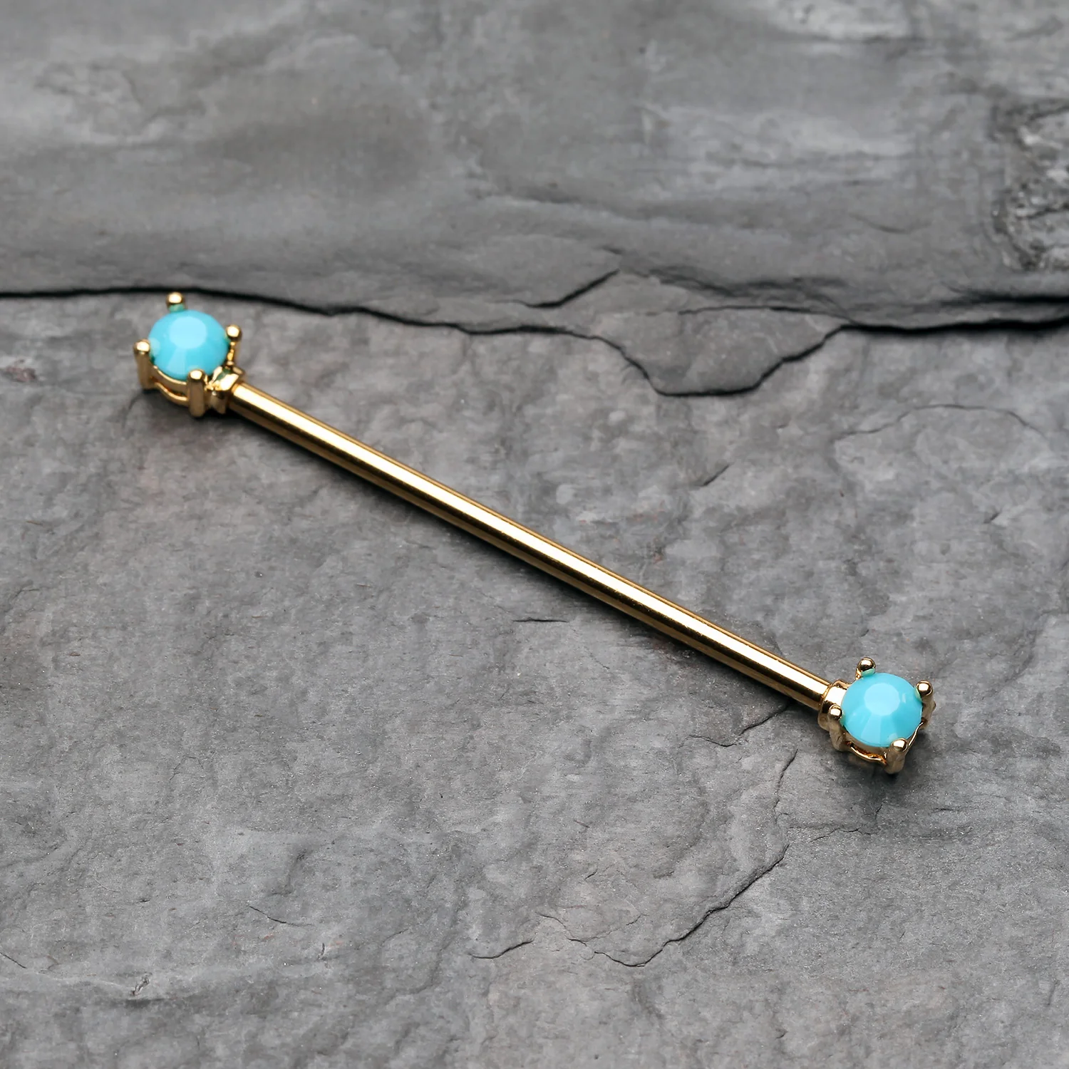 Golden Turquoise Bead Prong Industrial Barbell - Image 2