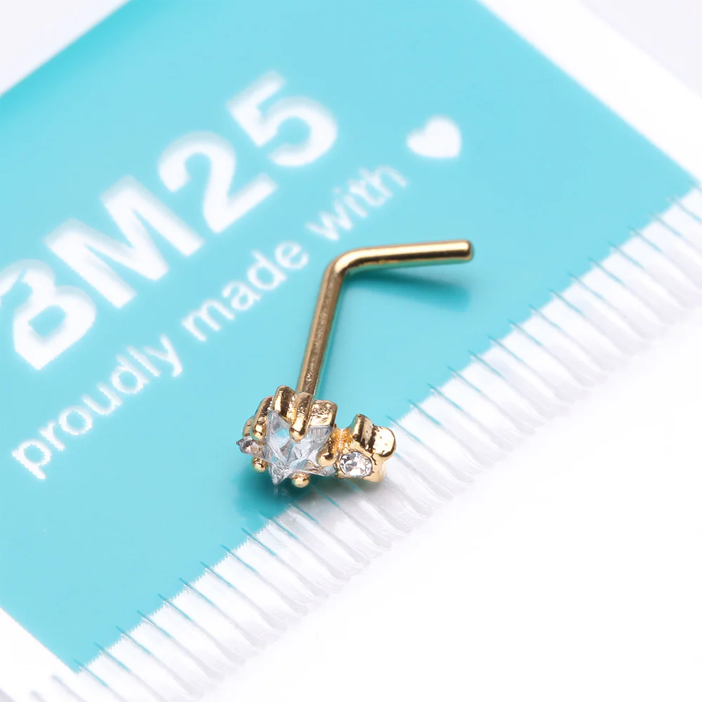Golden Twinkle Double Star Sparkle L-Shaped Nose Ring - Image 4