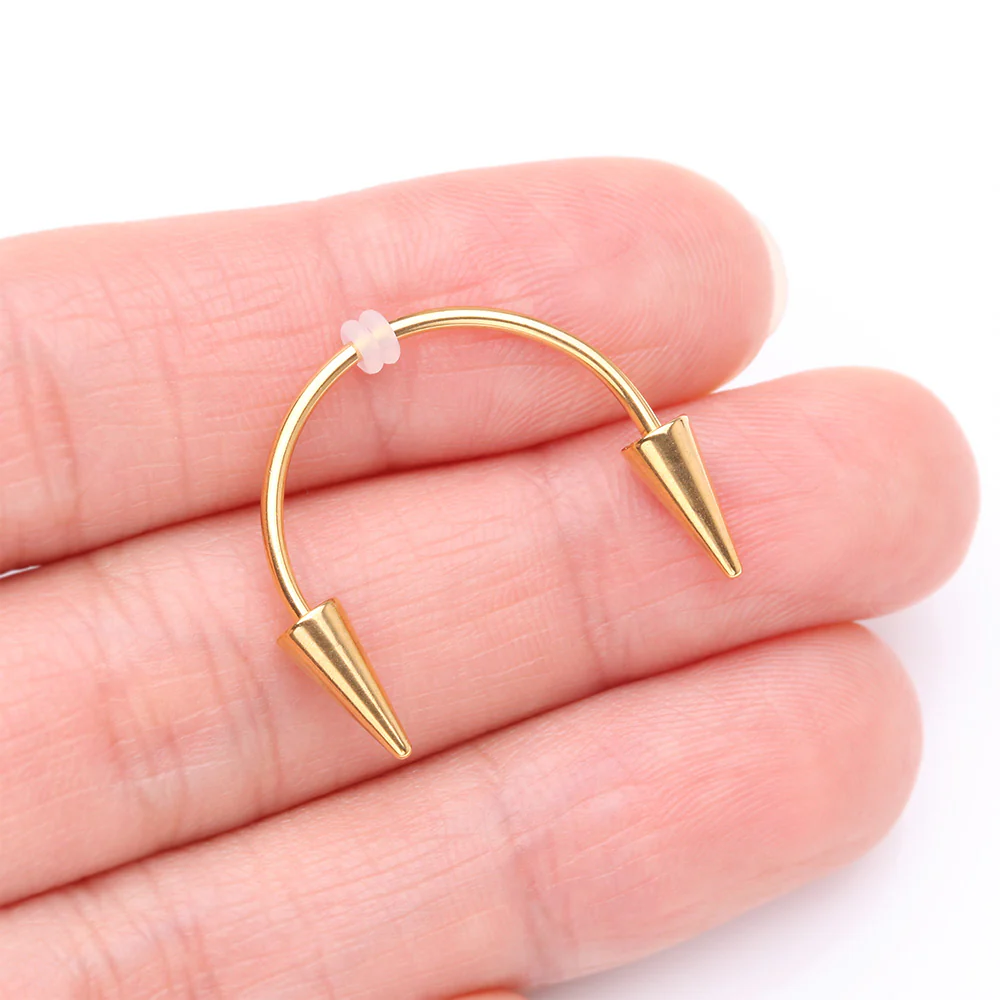 Golden Vampire Fangs Smiley Piercing Spike Horseshoe Barbell with O-Rings - Image 3