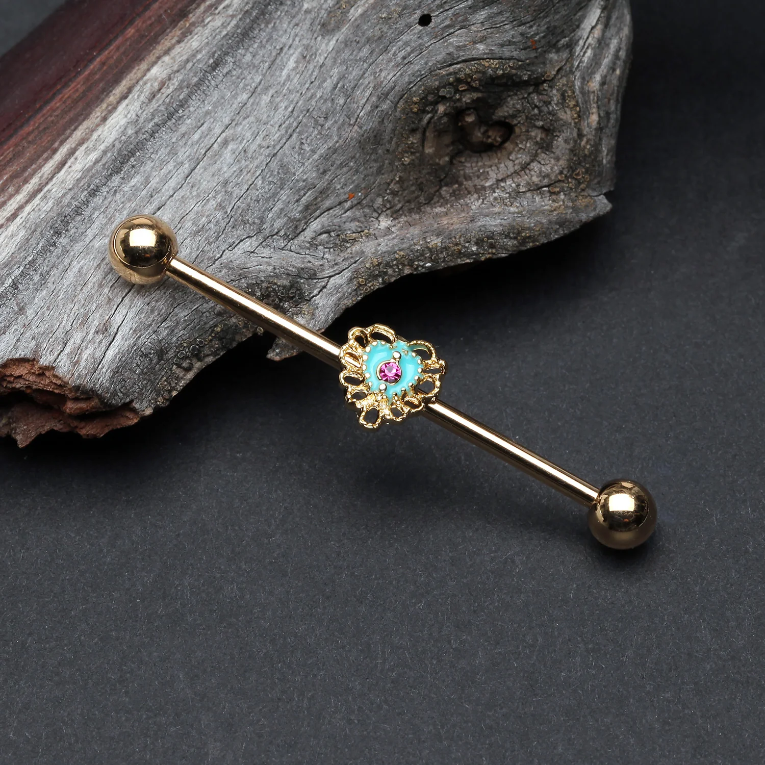 Golden Victorian Filigree Heart Sparkle Industrial Barbell - Image 2