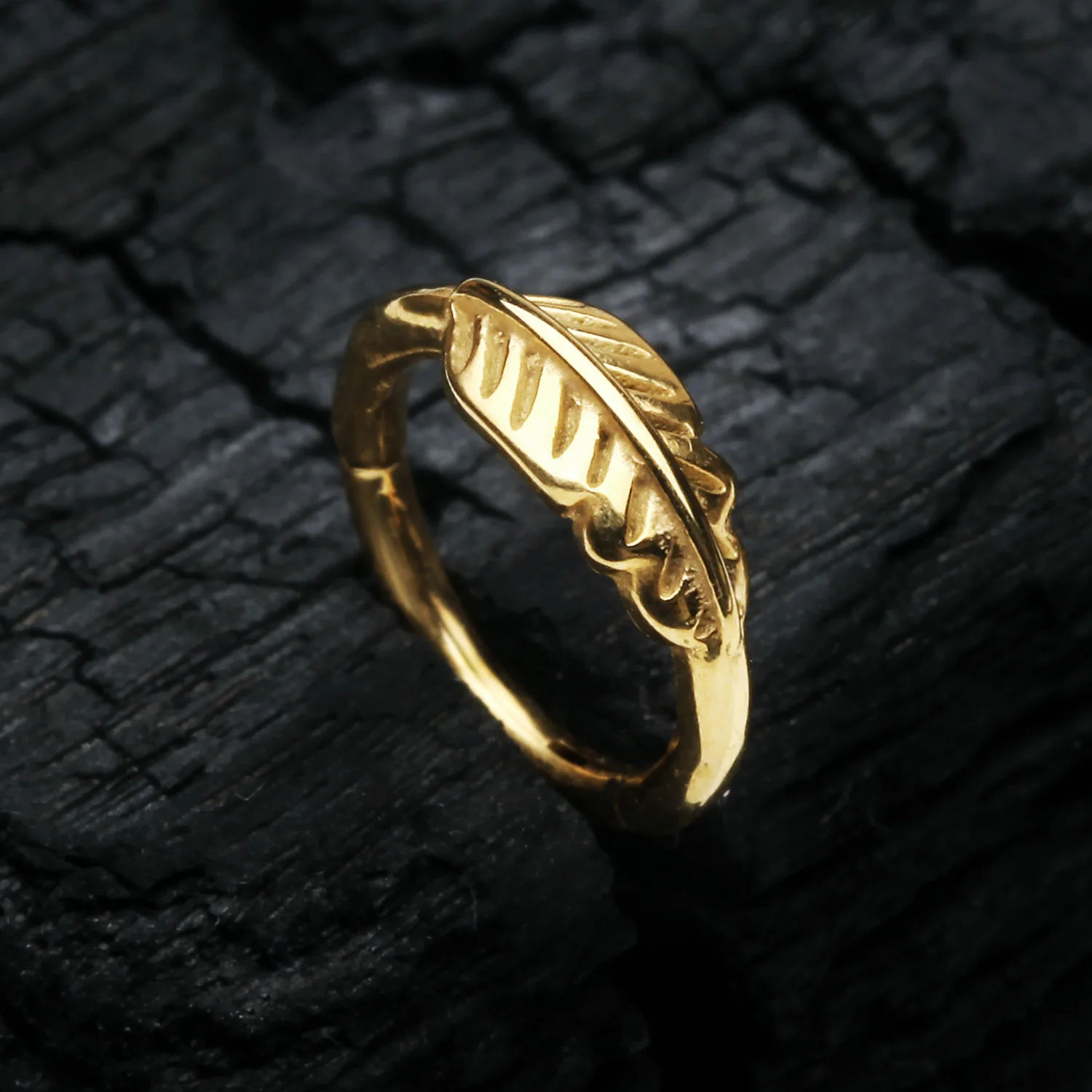 Golden Vintage Feather Leaflet Seamless Clicker Hoop Ring - Image 2