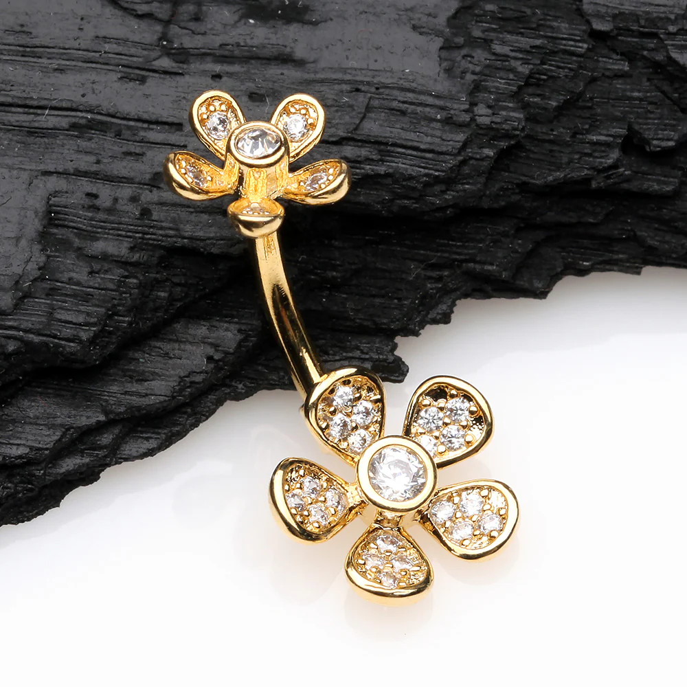 Golden Wild Flower Sparkle Internally Threaded Belly Button Ring - Image 3