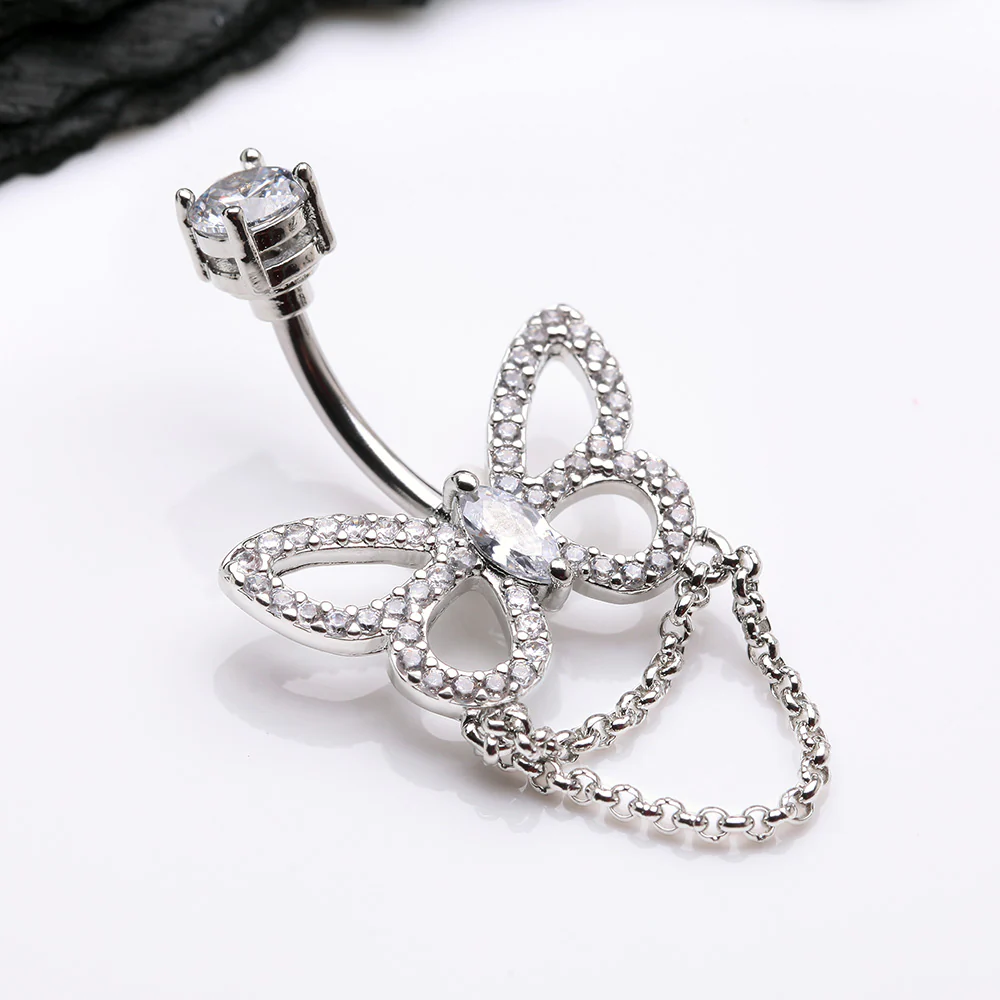 Grand Butterfly Sparkle Chained Belly Button Ring - Image 3