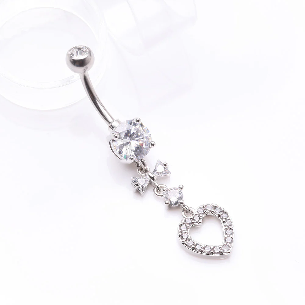 Grand Heart Bow-Tie Gem Sparkle Dangle Belly Button Ring - Image 3