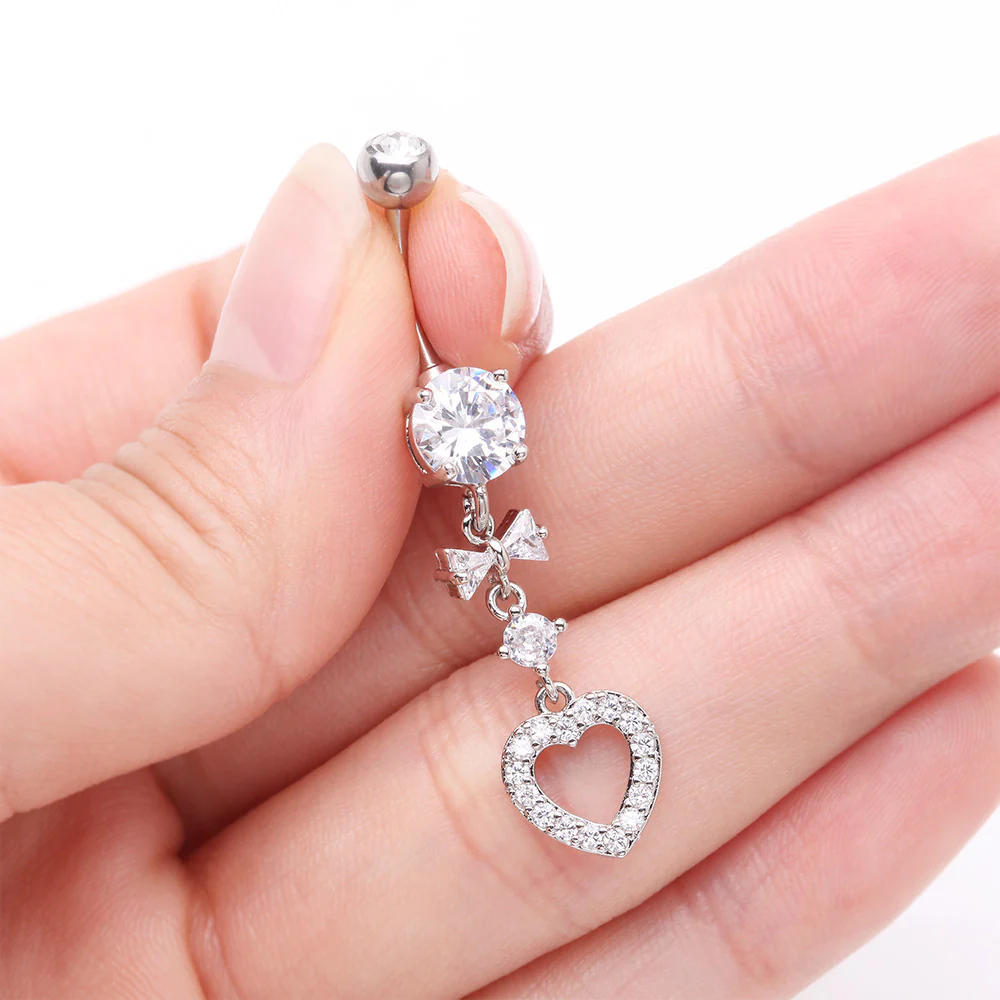 Grand Heart Bow-Tie Gem Sparkle Dangle Belly Button Ring - Image 4