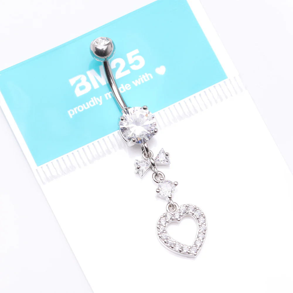 Grand Heart Bow-Tie Gem Sparkle Dangle Belly Button Ring - Image 5