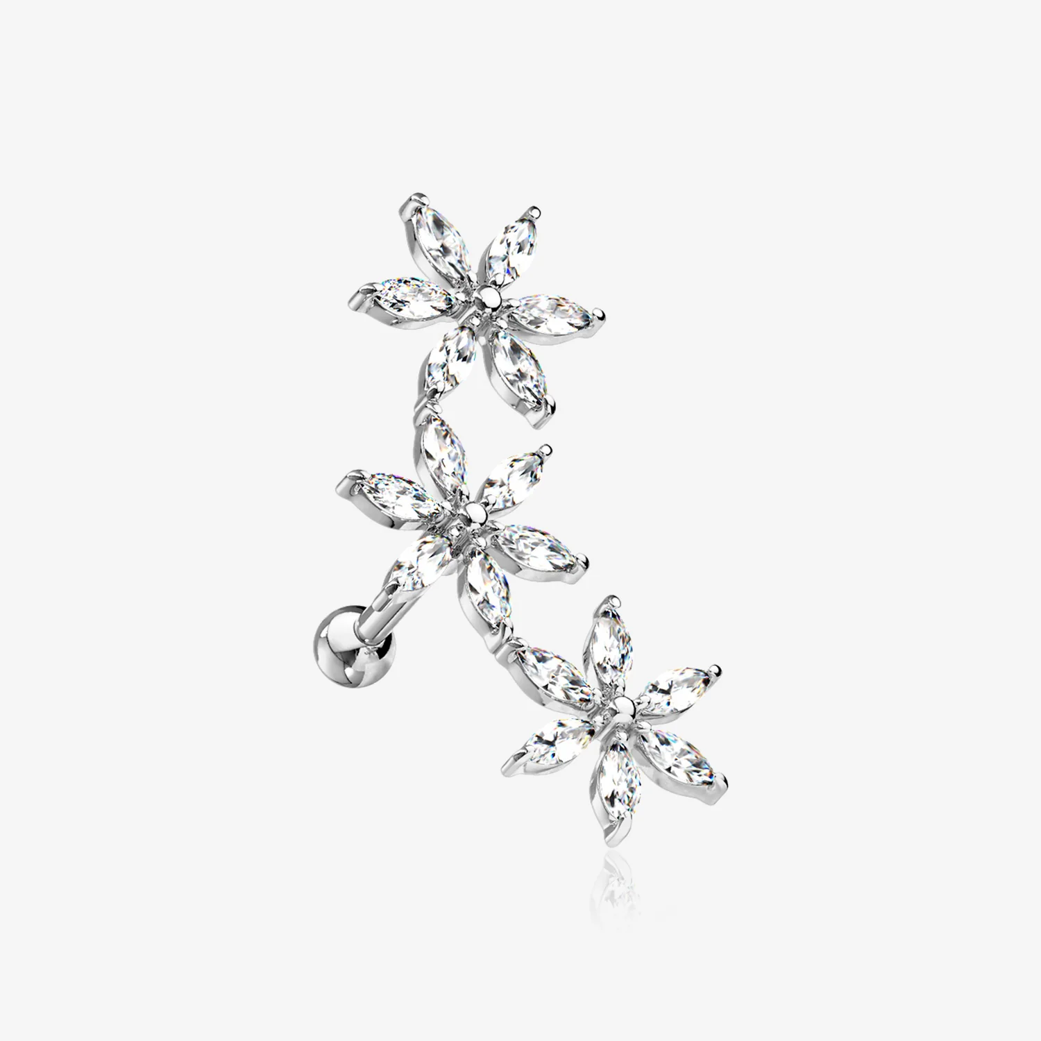 Grand Sparkle Triple Flowers Steel Cartilage Tragus Barbell Stud