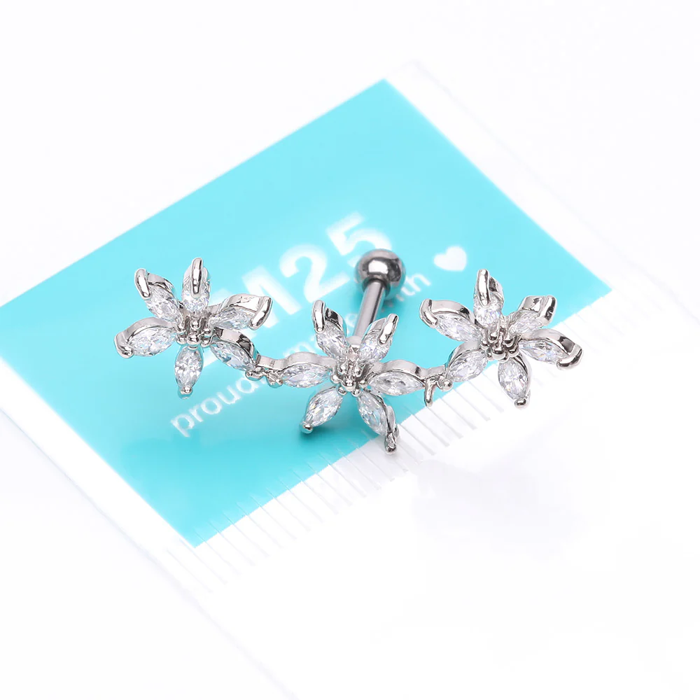 Grand Sparkle Triple Flowers Steel Cartilage Tragus Barbell Stud - Image 4