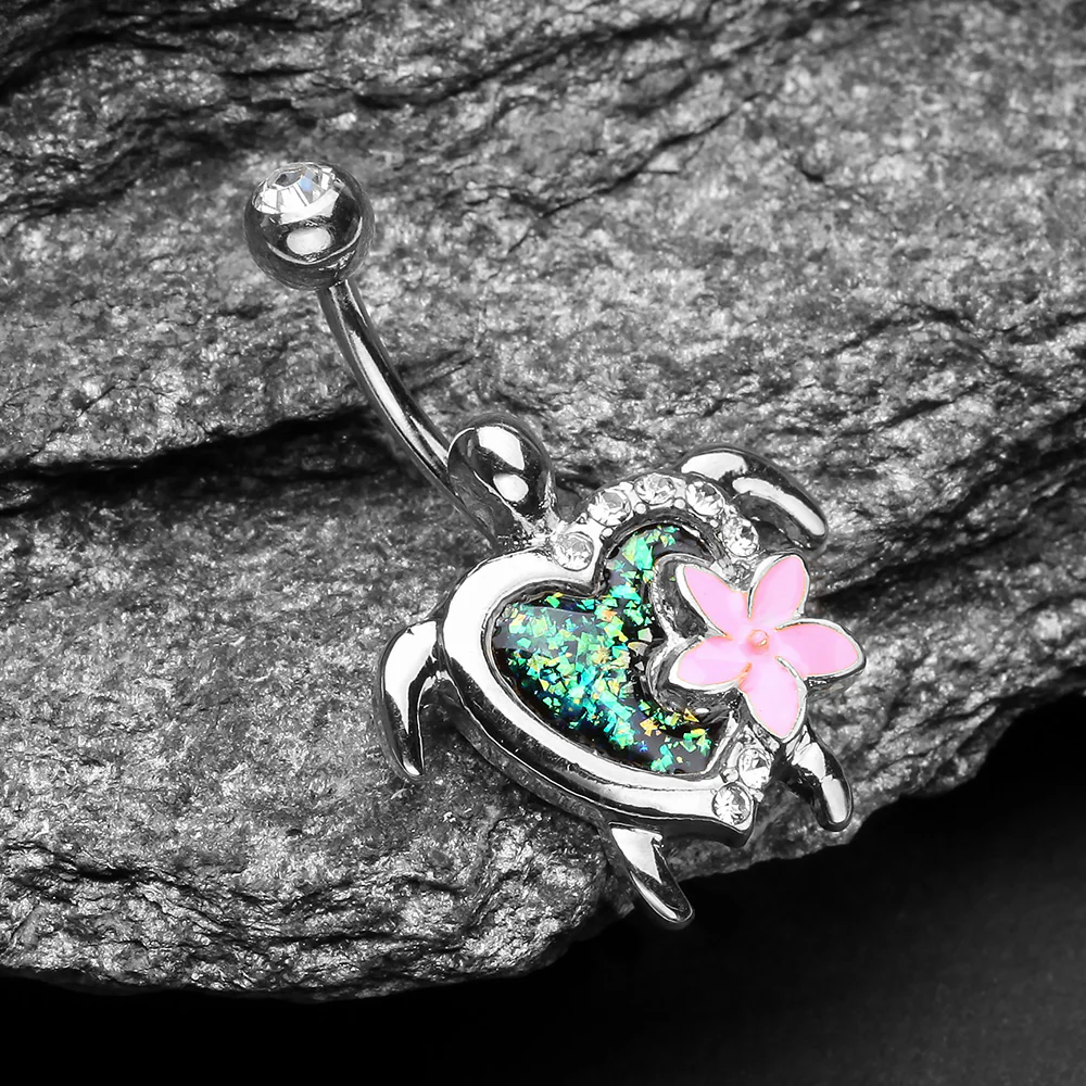 Hawaiian Flower Turtle Opal Sparkle Belly Button Ring - Image 3