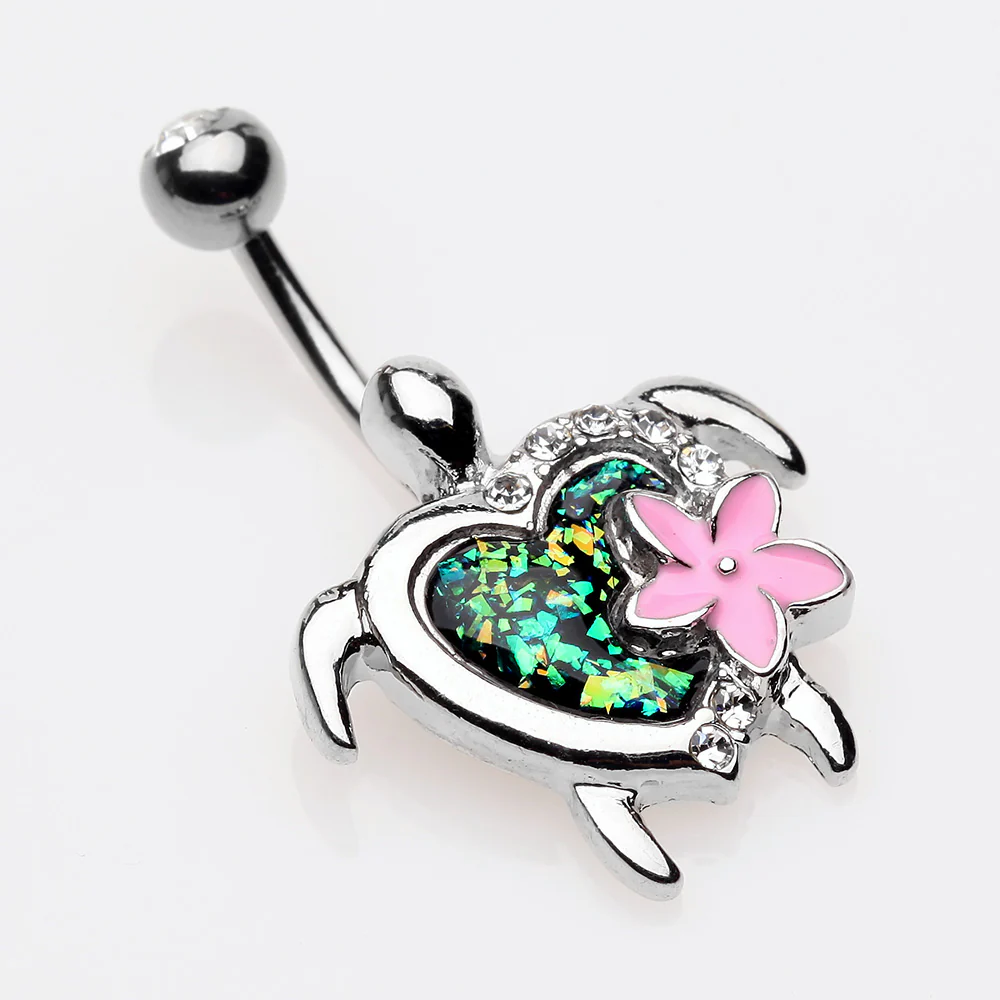 Hawaiian Flower Turtle Opal Sparkle Belly Button Ring - Image 4